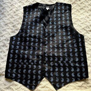 Studio 320 Vest L Silk Black with Blue Accent Tuxedo Waistcoat Made‎ in USA VTG